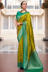 Olive Green Semi Silk Woven Saree with Contrast Pallu and Border