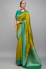 Olive Green Semi Silk Woven Saree with Contrast Pallu and Border