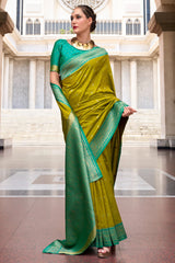 Olive Green Semi Silk Woven Saree with Contrast Pallu and Border