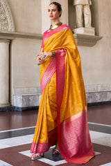 Yellow Semi Silk Woven Saree with Contrast Pallu and Border
