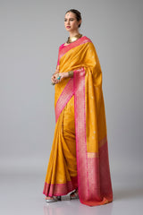 Yellow Semi Silk Woven Saree with Contrast Pallu and Border
