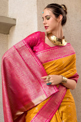 Yellow Semi Silk Woven Saree with Contrast Pallu and Border