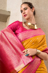 Yellow Semi Silk Woven Saree with Contrast Pallu and Border