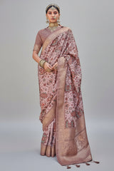 Light Pink Semi Silk Floral Printed Saree with Woven Border