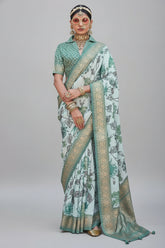 Sea Green Semi Silk Floral Printed Saree with Woven Border