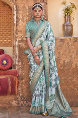 Sea Green Semi Silk Floral Printed Saree with Woven Border