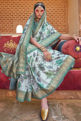 Sea Green Semi Silk Floral Printed Saree with Woven Border