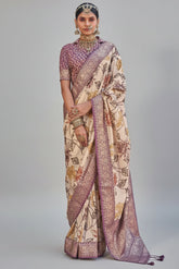 Mauve Semi Silk Floral Printed Saree with Woven Border