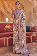 Mauve Semi Silk Floral Printed Saree with Woven Border