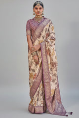 Mauve Semi Silk Floral Printed Saree with Woven Border