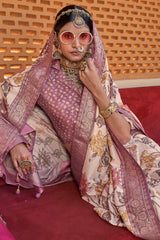 Mauve Semi Silk Floral Printed Saree with Woven Border