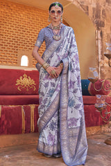 Lilac Purple Semi Silk Floral Printed Saree with Woven Border