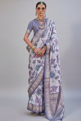 Lilac Purple Semi Silk Floral Printed Saree with Woven Border