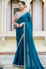 Rama Blue Satin Velvet Lustre Plain Saree with Sequin and Cutdana Work