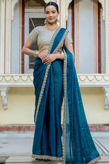 Rama Blue Satin Velvet Lustre Plain Saree with Sequin and Cutdana Work