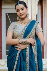Rama Blue Satin Velvet Lustre Plain Saree with Sequin and Cutdana Work
