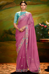 Pale Pink Organza Saree with Sequin Embroidery Work