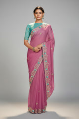 Pale Pink Organza Saree with Sequin Embroidery Work