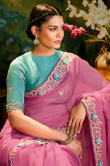 Pale Pink Organza Saree with Sequin Embroidery Work