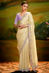 Light Yellow Tissue Organza Saree with Sequin and Embroidery Work
