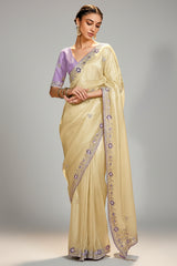 Light Yellow Tissue Organza Saree with Sequin and Embroidery Work