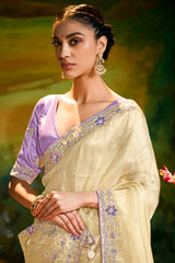 Light Yellow Tissue Organza Saree with Sequin and Embroidery Work