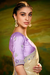 Light Yellow Tissue Organza Saree with Sequin and Embroidery Work