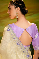 Light Yellow Tissue Organza Saree with Sequin and Embroidery Work