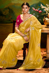 Yellow Glass Tissue Saree with Sequin Beaded Bird Motif Butta