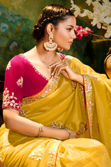 Yellow Glass Tissue Saree with Sequin Beaded Bird Motif Butta
