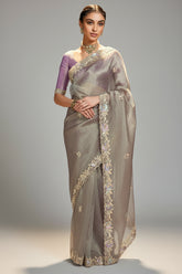 Grey Glass Tissue Saree with Floral Sequin Work