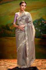 Grey Glass Tissue Saree with Floral Sequin Work