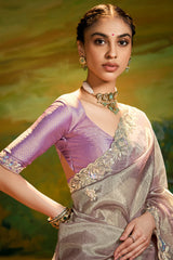 Grey Glass Tissue Saree with Floral Sequin Work