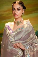 Grey Glass Tissue Saree with Floral Sequin Work