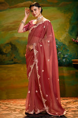 Carmine Maroon Crush Tissue Saree with Sequin Embroidery Work
