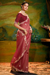 Carmine Maroon Crush Tissue Saree with Sequin Embroidery Work