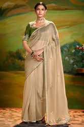 Beige Organza Saree with Floral Embroidery and Sequin Work