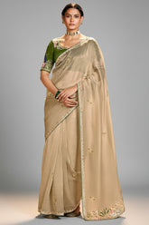 Beige Organza Saree with Floral Embroidery and Sequin Work