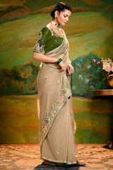 Beige Organza Saree with Floral Embroidery and Sequin Work