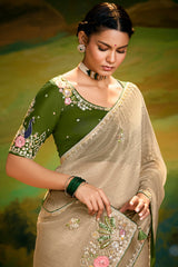 Beige Organza Saree with Floral Embroidery and Sequin Work