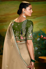 Beige Organza Saree with Floral Embroidery and Sequin Work