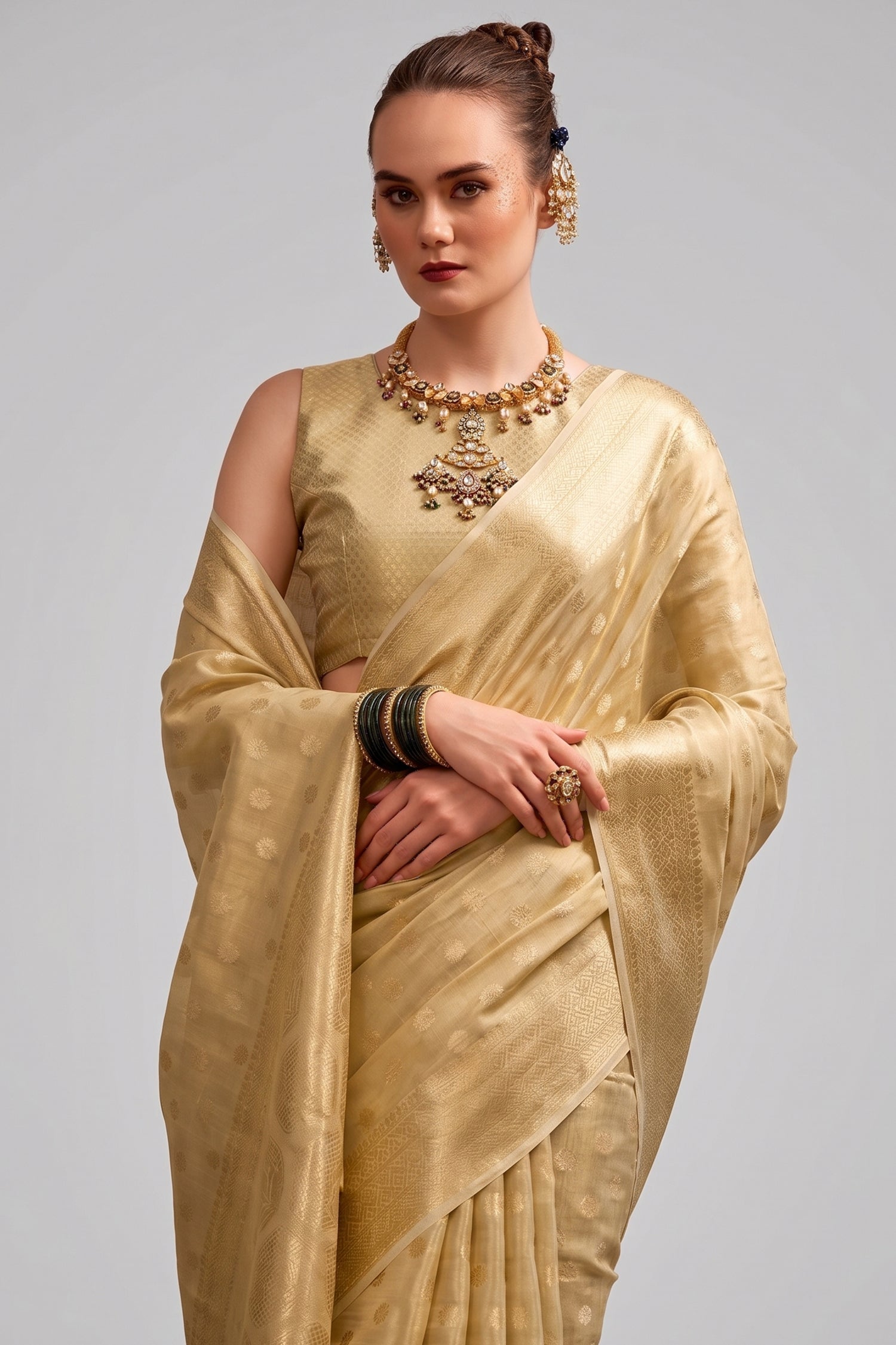 Golden Handloom Zari Tissue Woven Saree - gold saree handloom