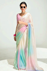 Multi Colored Organza Plain Saree with Sequin Embroidered Lace