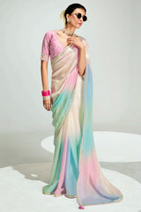 Multi Colored Organza Plain Saree with Sequin Embroidered Lace