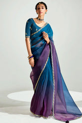 Blue and Purple Organza Plain Saree with Sequin Embroidered Lace