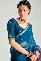 Blue and Purple Organza Plain Saree with Sequin Embroidered Lace