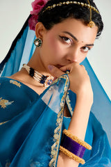Blue and Purple Organza Plain Saree with Sequin Embroidered Lace