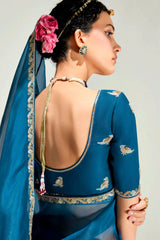 Blue and Purple Organza Plain Saree with Sequin Embroidered Lace