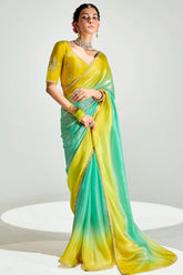 Yellow and Light Green Organza Plain Saree with Sequin Work