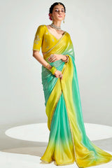 Yellow and Light Green Organza Plain Saree with Sequin Work